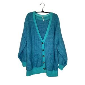 Free People Snow Drop Oversized Blue Teal Knit V Neck Button Cardigan Sz Small